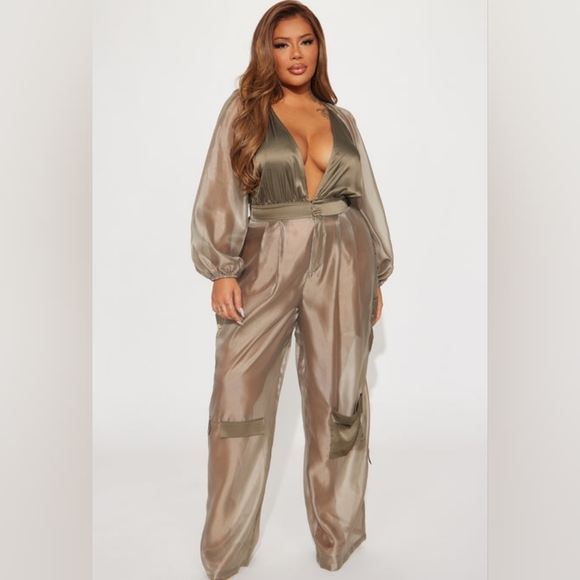 Fashion Nova Pants - Fashion Nova Olive Sheer Jumpsuit